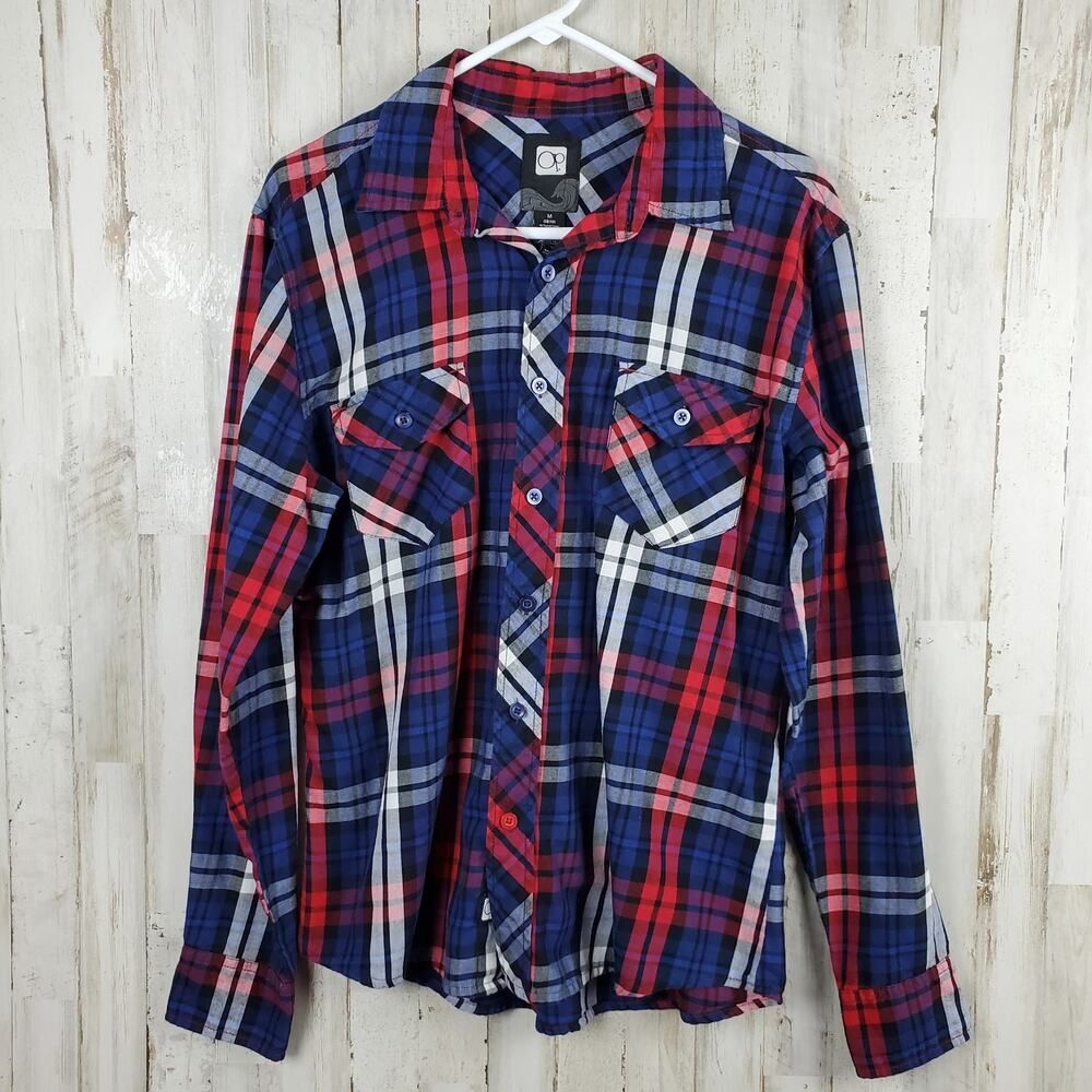 OP Plaid Button-Down Long Sleeve Shirt Blue Red Size Medium